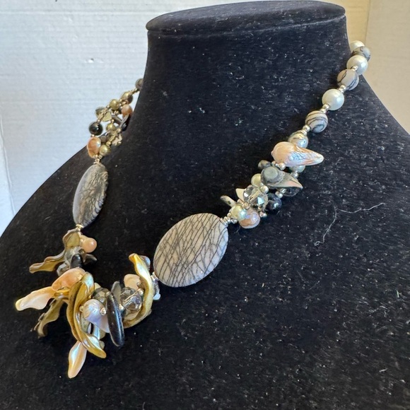 Natural Stones Necklace Abalone Shell, Zebra Jasper, Fresh Water Blister Pearls - Picture 16 of 16